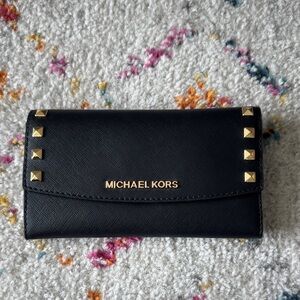 Michael Kors Karla Tri Fold Black Wallet with Gold Studs